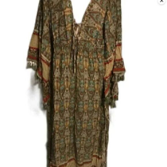 Bohemian Floral Print Woven Bell Sleeve Flounce Peasant Maxi  Hippie Dress L - Picture 12 of 14